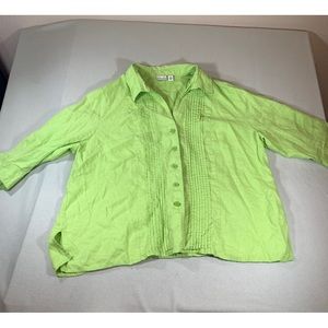 Kim Rogers Shirt Women 3X  100% Linen Lime Green Floral Button Up 3/4 Sleeves